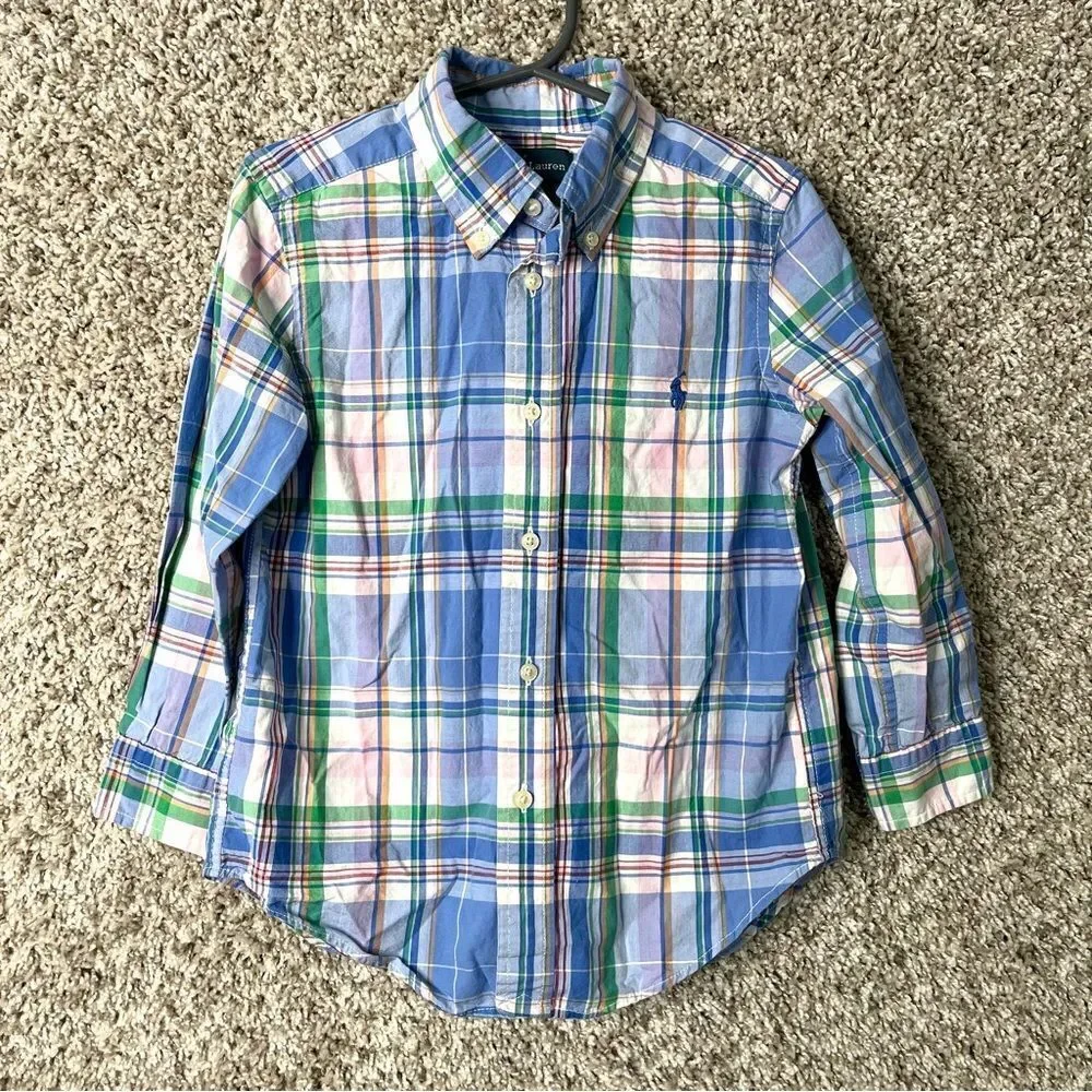 Ralph Lauren Shirt Boys 4 Light Blue, Green & Pink Plaid Long Sleeve Button Down